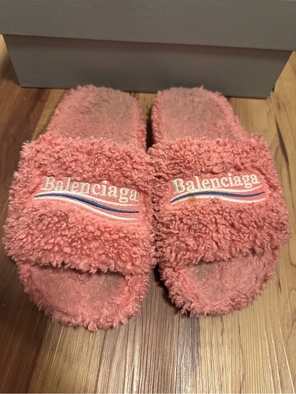 Balenciaga Pink Fuzzy Slide Slippers